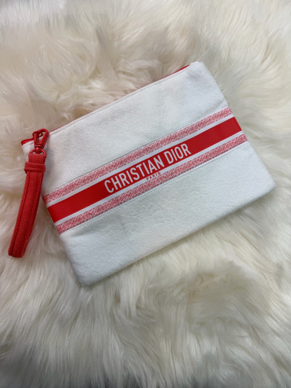 Christian Dior Beauty Terry Cloth White/Orange Wristlet Bag